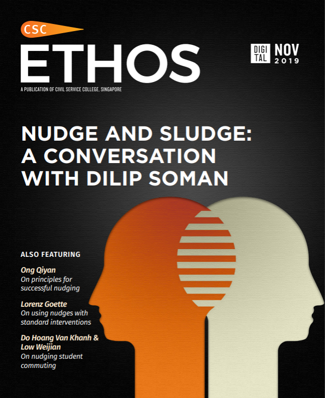 Magazine cover titled "ETHOS" with a feature on "Nudge and Sludge" and a silhouette graphic of two heads in profile.